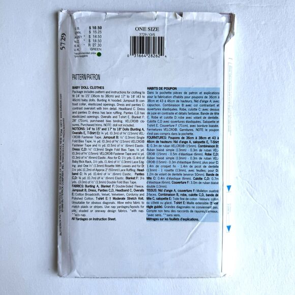 Butterick 5729 Sewing Pattern 18" Doll Clothes 14"-18” Fits Bitty Baby Clothes - Picture 2 of 3